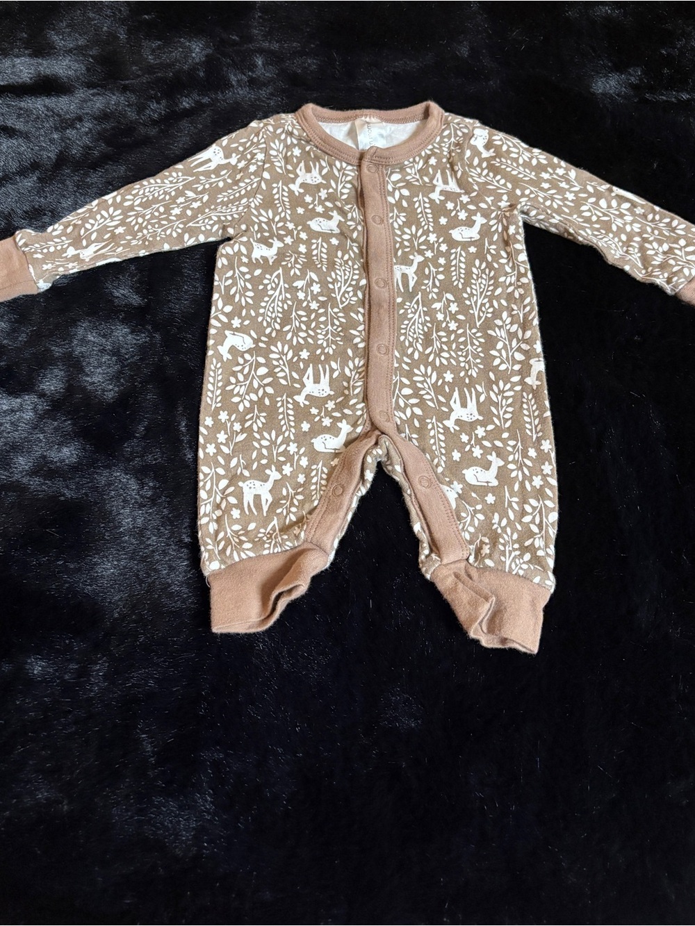 Cozy Tan Woodland Print Baby One-Piece Footie